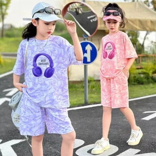 Akaki🌼 ชุดกีฬาฤดูร้อนสำหรับเด็กผู้หญิงปี 2026 สไตล์ใหม่เสื้อลำลองแขนสั้นและกางเกงขาสั้นเด็กขนาดกลา