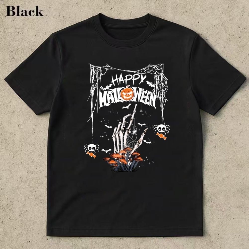 Happy Halloween Pumpkin Hand Spider Web Bat Ghost Summer Short Sleeve T Shirt