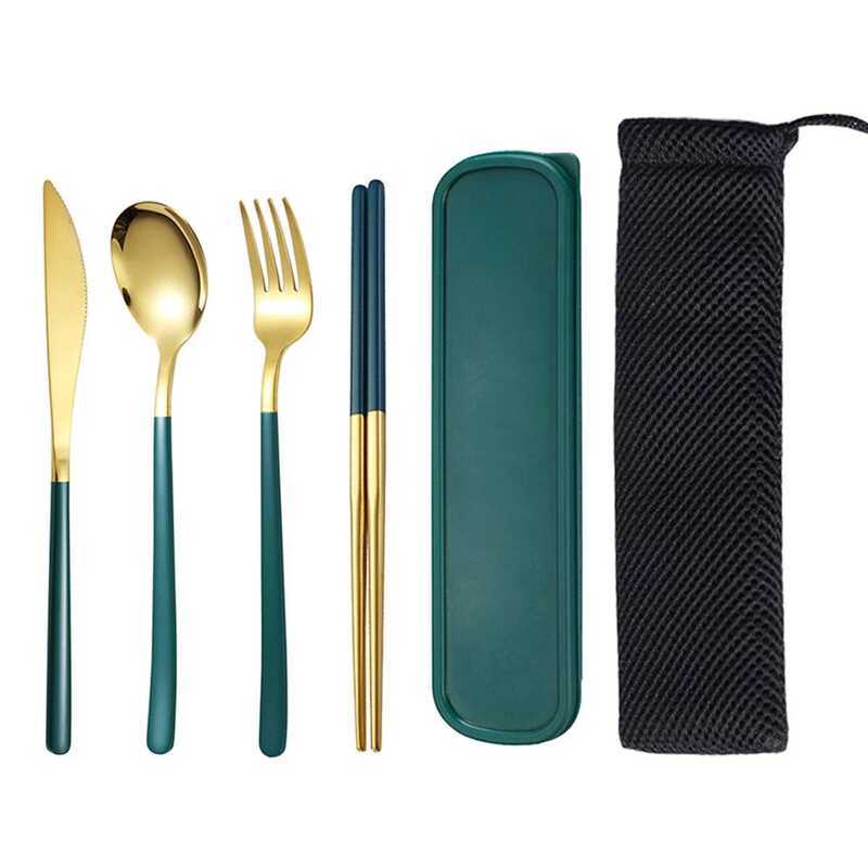 C 4Pc Stainless Steel Tableware And Fork Spoon Chopstic Tableware Suit Students Go To School The Po