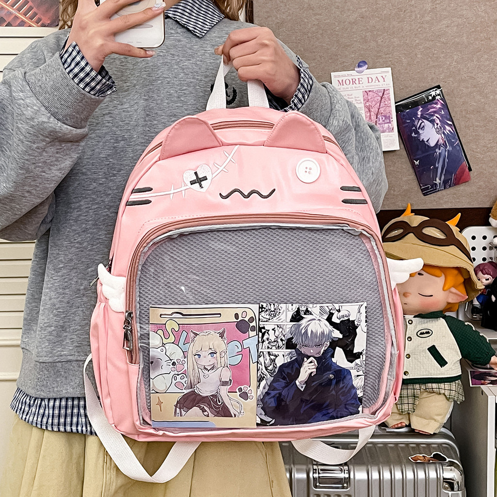 กระเป๋าเป้แมวน่ารัก กระเป๋าเป้ กระเป๋านักเรียน Kaomoji Cat Black Pain Bag กระเป๋าสะพายหลังสองมิติคว