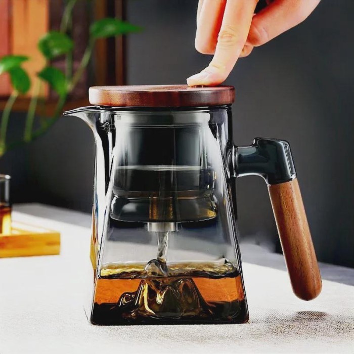 One Click Tea Separation Filtration Bottom Mountain View Glass Teapot With Wood Handle 700ml Kungfu