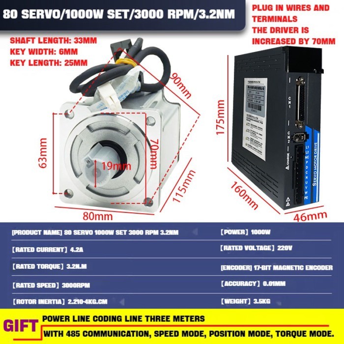 AC Servo Motor Drive Kit 3000rmp 80ST 1000W 5.8A 3.18N.m PS100 Servo Drive AC200-240V 3m Cable Equi