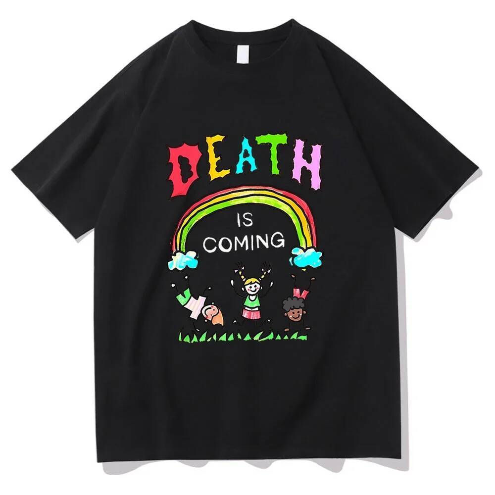เสื้อยืดผู้หญิงลายสนุกๆ 'Death Is Coming' สไตล์ vintage Harajuku แบบคลาสสิค