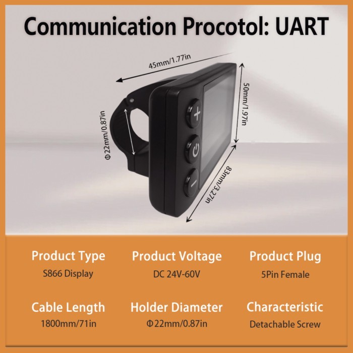 Ebike Display LCD S866 24V 36V 48V 60V Colorful Intelligent Display with SM/Waterproof Plug for Ele