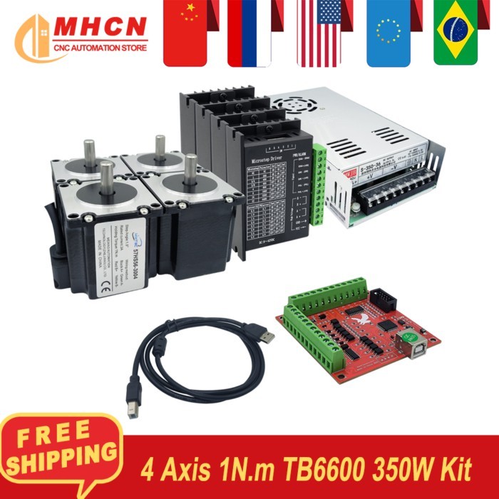 4 axis Nema23 Stepper Motor Kit include 4 pcs 1Nm Engine + 4 pcs TB6600 Microstep Driver + 1 pcs Po