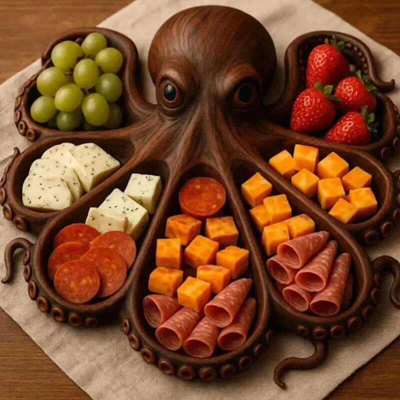 C Octopus Shaped Wooden Meat Cheese Fruit Platter Elegant Charcuterie Tray Home Kitchen Cooked Food
