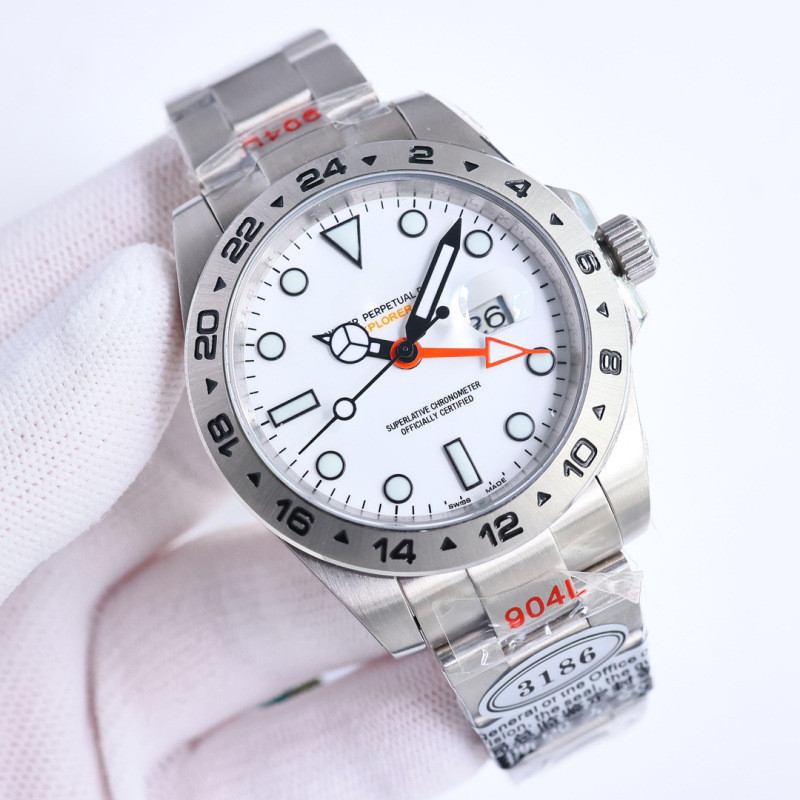 2026 แฟชั่นกีฬา V7 โรงงาน Explorer ประเภทสองผู้ชายนาฬิกา White Face Explorer สอง GMT สีเขียว Nige Co