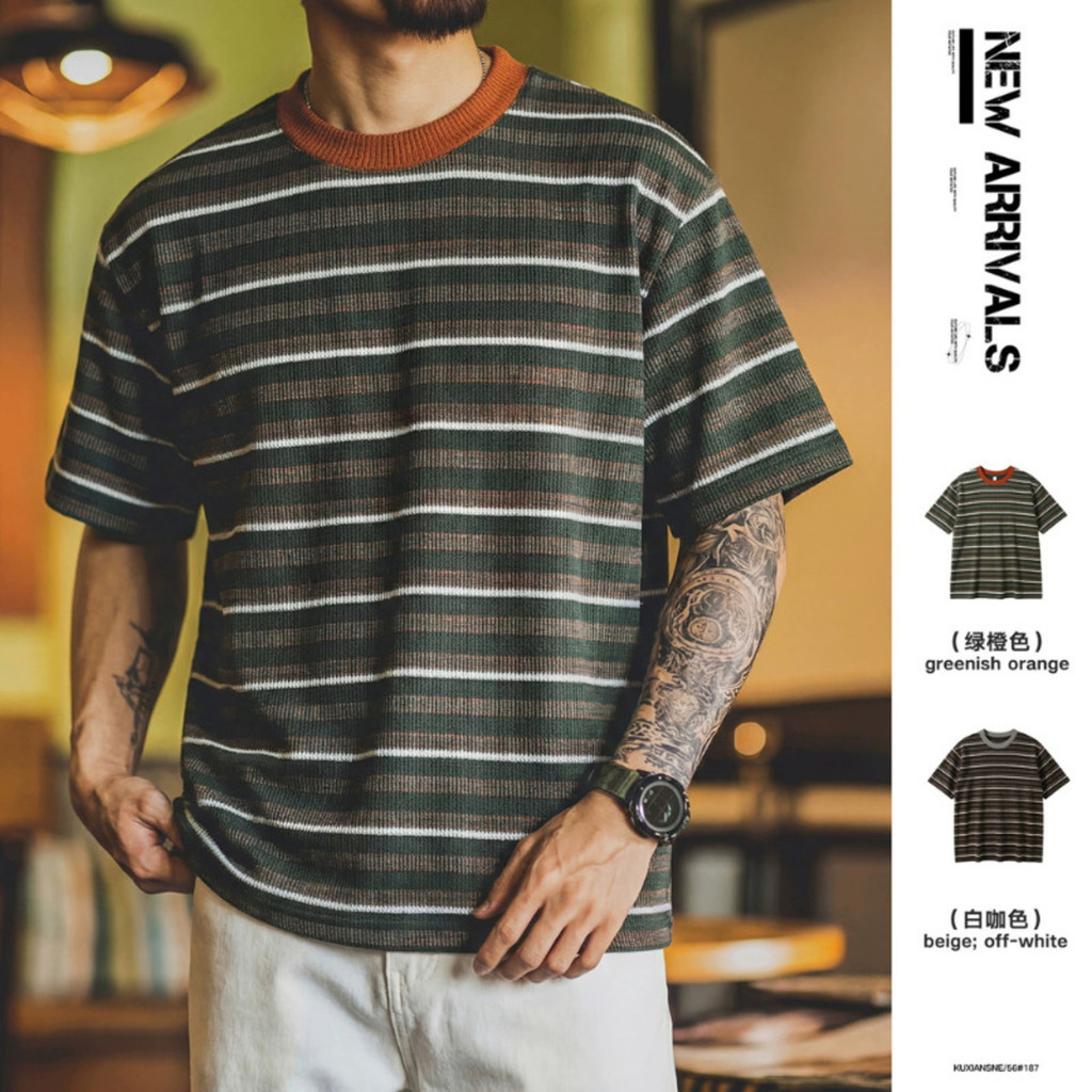 Wuluwear สไตล์อเมริกันวินเทจชนลายถักแขนสั้นเสื้อยืดผู้ชาย 2026 ฤดูร้อนหลวมพร้อมขนาดลำลองรอบคอด้านบน