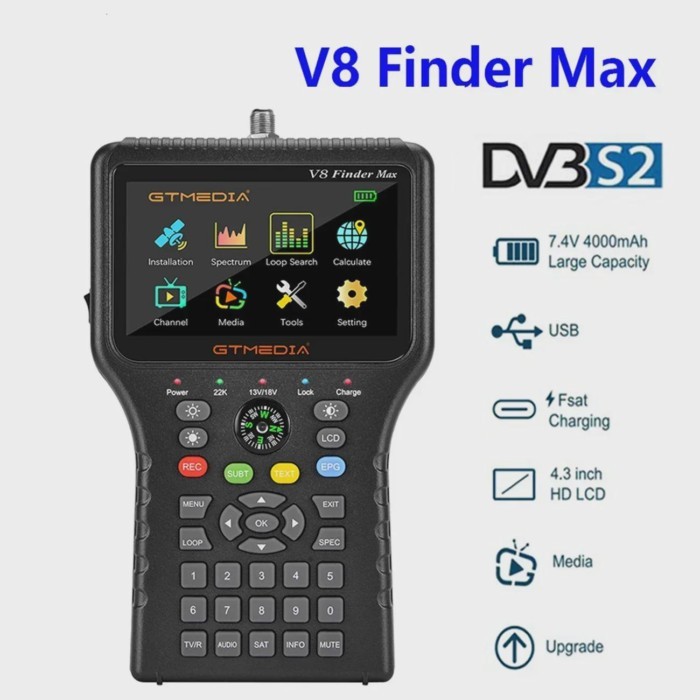 V8 Finder Max Satellite TV Signal Finder DVB-S/S2/S2X H.264/H.265 (8 bit) Satellite Finder Meter 4.