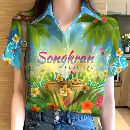 เสื้อสงกรานต์ผู้หญิงลายดอก แขนสั้น ทรงหลวม thumbnail 4