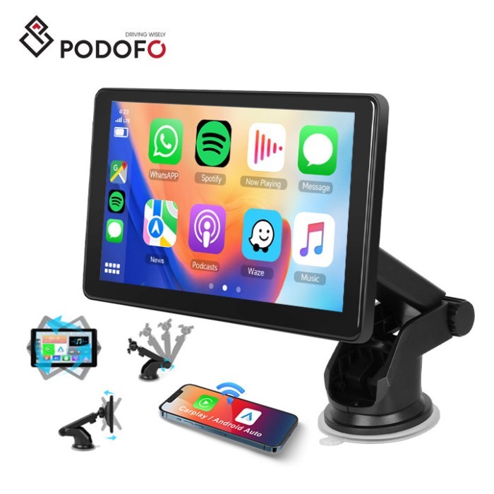 Podofo Portable Wireless Carplay/Android Auto 7 Inch HD Screen Car Monitor AirPlay Android Cast BT