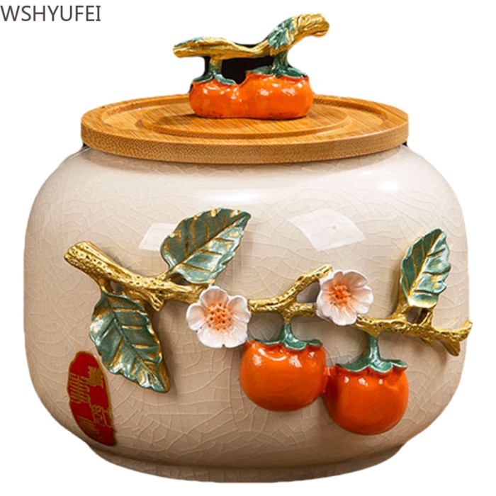 1PCS Ceramic Storage New Chinese Style Persimmon Ruyi Sealed Snack Candy Jar Enamel Colored Tea Jar