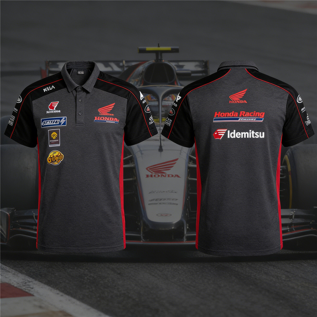 คอลเลกชันเสื้อโปโลทีม Honda Racing F1 | ลายสีบอดี้สองแบบ (เขียวคราม/น้ำเงิน) พร้อมสัญลักษณ์หลายสปอนเซอร์ กราฟิกการแข่งขัน และเทคโนโลยีซัมเมอร์วิคกิง