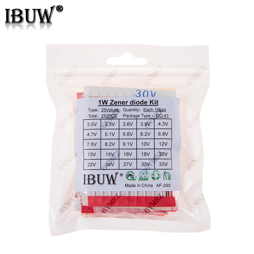 250PCS 25 ค่า 1W Zener Diode Kit 3.0V-33V DO-41 สําหรับแรงดันไฟฟ้าระเบียบโครงการอิเล็กทรอนิกส์