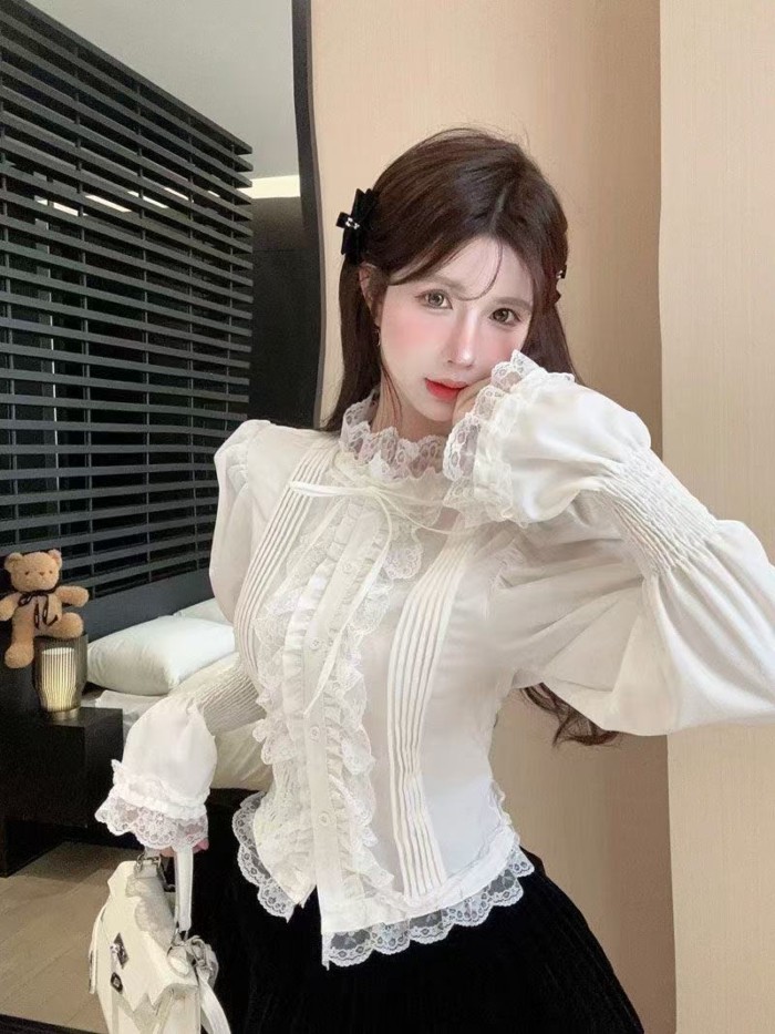 เสื้อผูกเชือก Lolita Top Bow Lace-Up Shirt Flared Sleeve Shirt Blouse