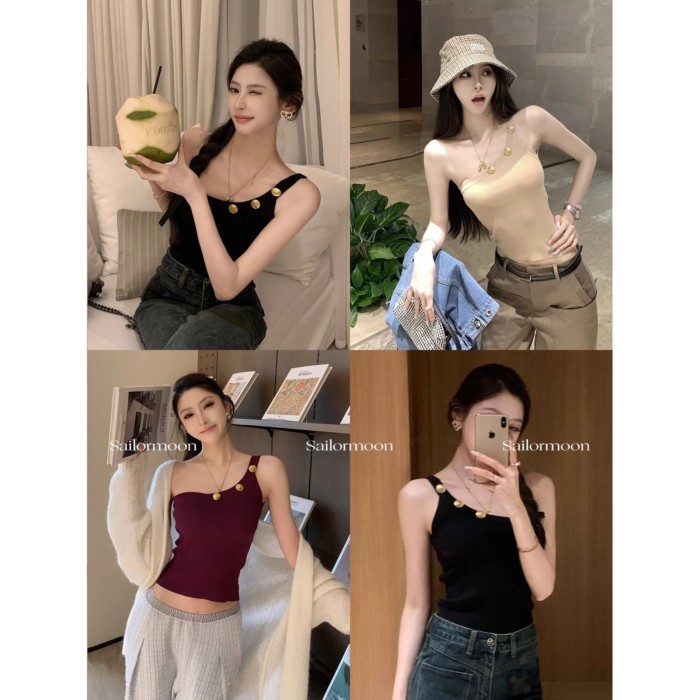 Balmain สไตล์ Balmain สามสี Slope Collar หัวเข็มขัดโลหะถัก Camisole อเนกประสงค์