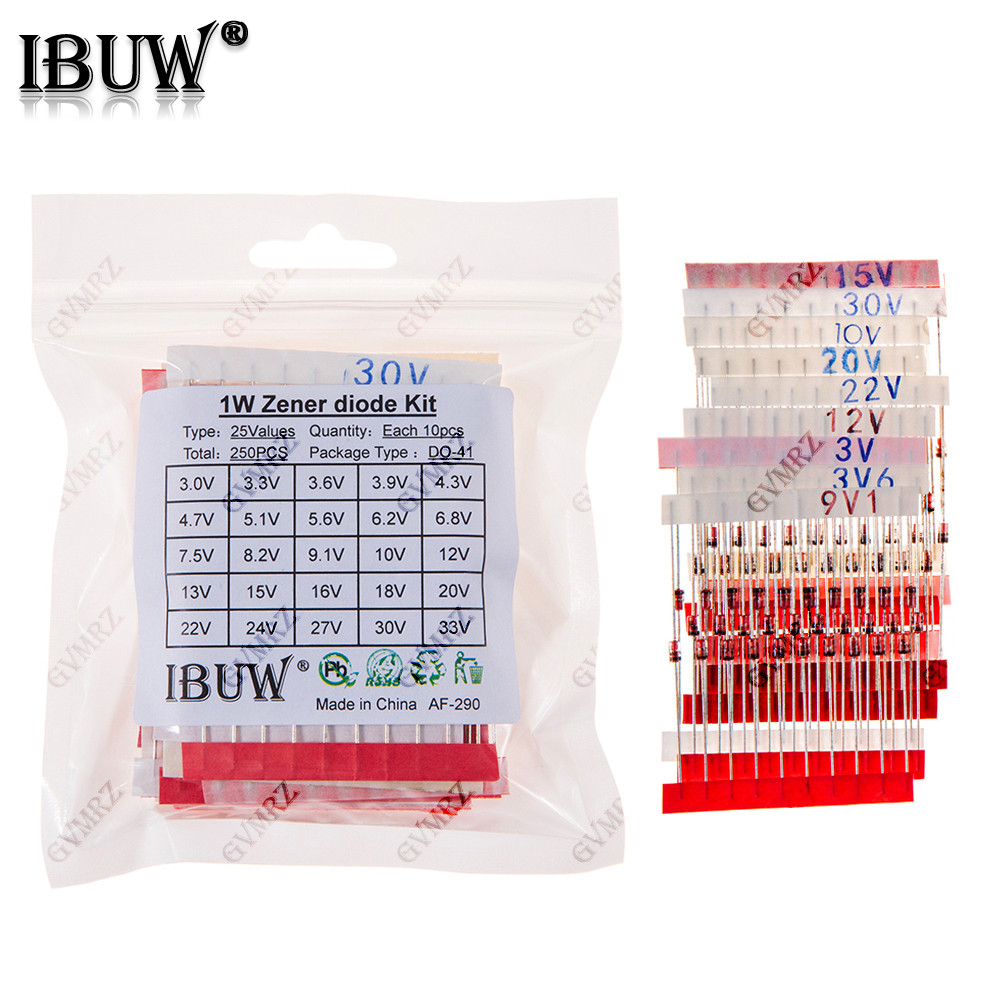 250PCS 25 ค่า 1W Zener Diode Kit 3.0V-33V DO-41 สําหรับแรงดันไฟฟ้าระเบียบโครงการอิเล็กทรอนิกส์