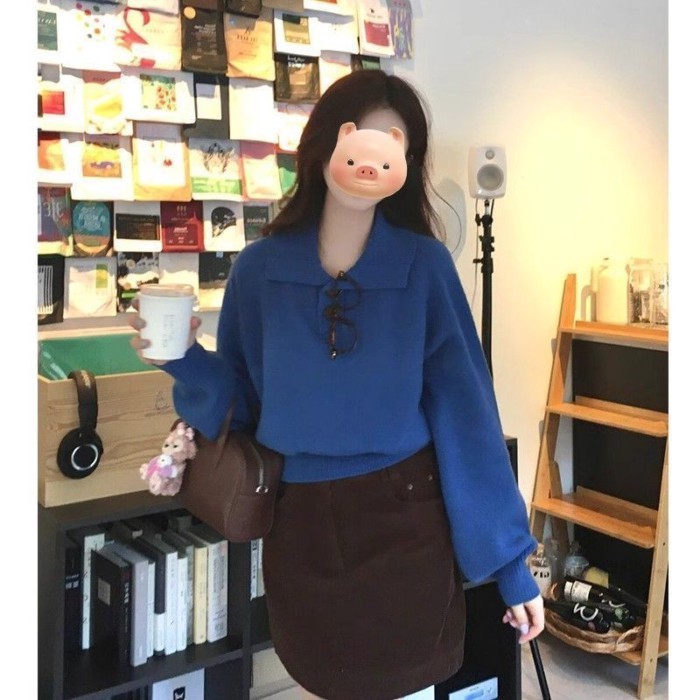 เสื้อกันหนาวแขนยาวสไตล์เกาหลีเรียบง่าย แบบลูกเกลียวคอลายโปโล กิเลนบลูสำหรับผู้หญิง - รูปที่ 5