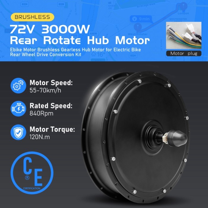 Electric Bike Hub Motor 72V 3000W Rear Rotate Brushless Non-gear Hub Motor Dropout 135mm for Ebike