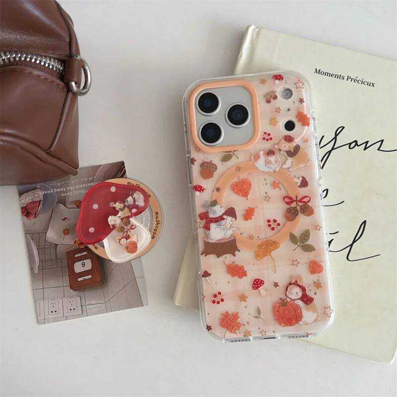 ▥ Kwii Mushroom Rbbit Mgnetic Phone Cse For Iphone 17 14 15 16 Pro Mx Cover With Mgsfe Stnd Cut