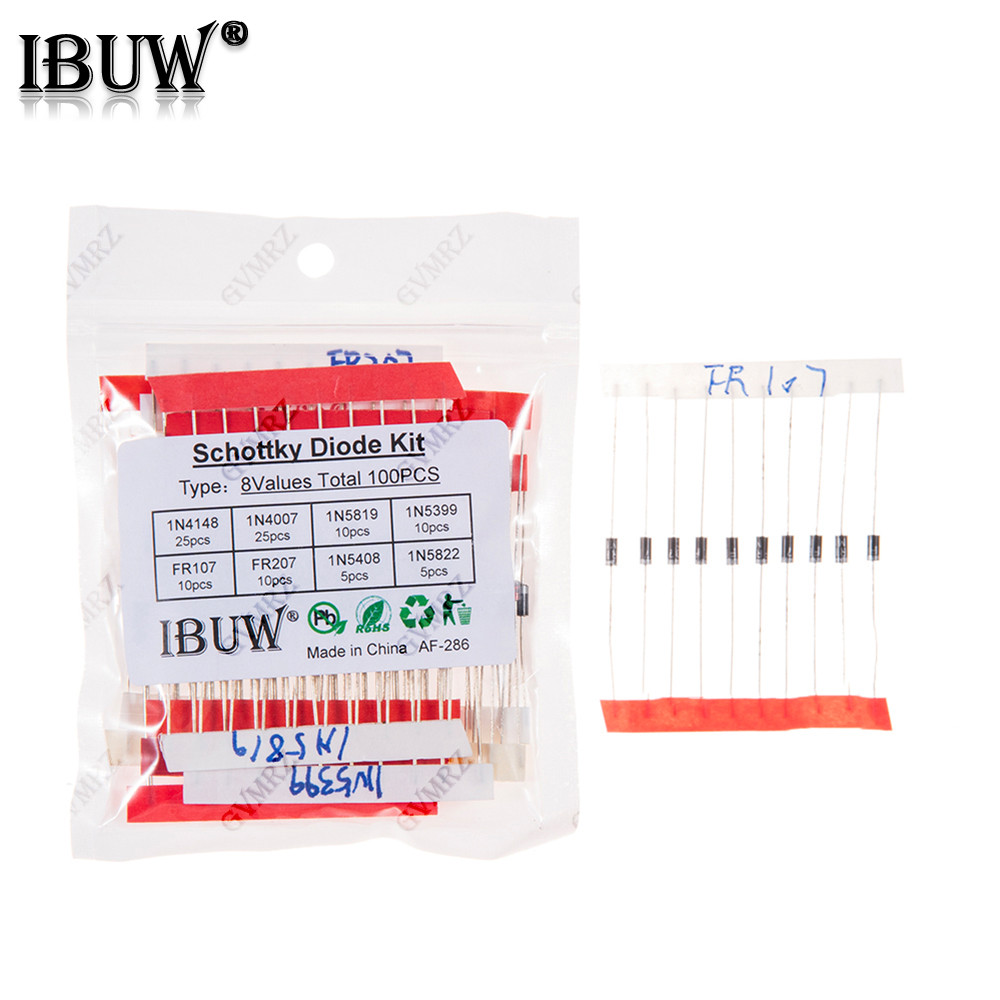 100PCS 8 ค่า Schottky Diode Kit 1N4148 1N4007 1N5819 1N5399 FR107 FR207 1N5408 1N5822 สําหรับโครงการอิเล็กทรอนิกส์การตรวจสอบ