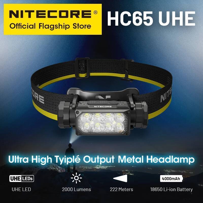 NITECORE HC65 UHE ไฟหน้า LED 2000 Lumen USB-C ชาร์จ 8 Core UHE ไฟหน้า LED Dual Beam,4000mAh 18650 แบ