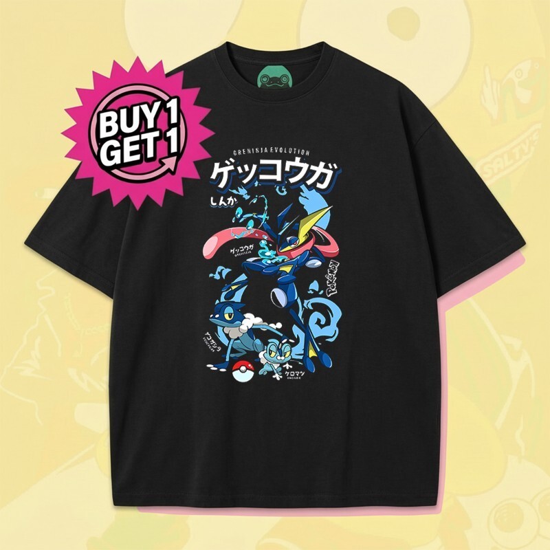 ฟรี Pokemon Gekkouga Evolution T เสื้อสีดํา Unisex Casual Graphic Tee สําหรับผู้ชายและผู้หญิง Featur