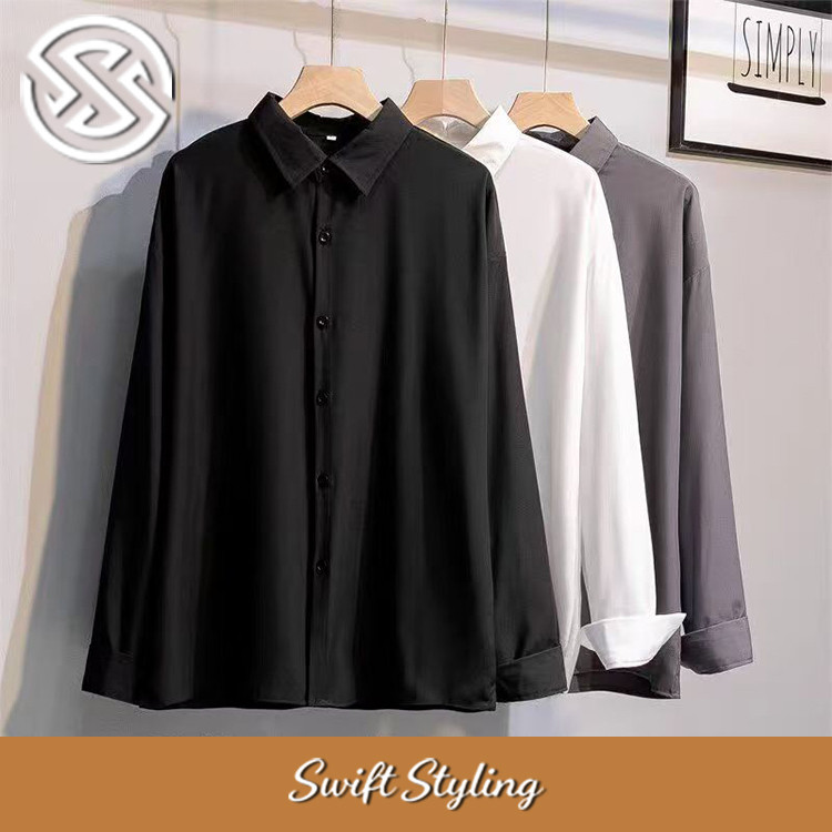 [เสื้อผ้าผู้ชาย Speedy TW Flagship Store] M-6XL Basic Style Ice Silk Shirt Men Summer Cool Long-Slee