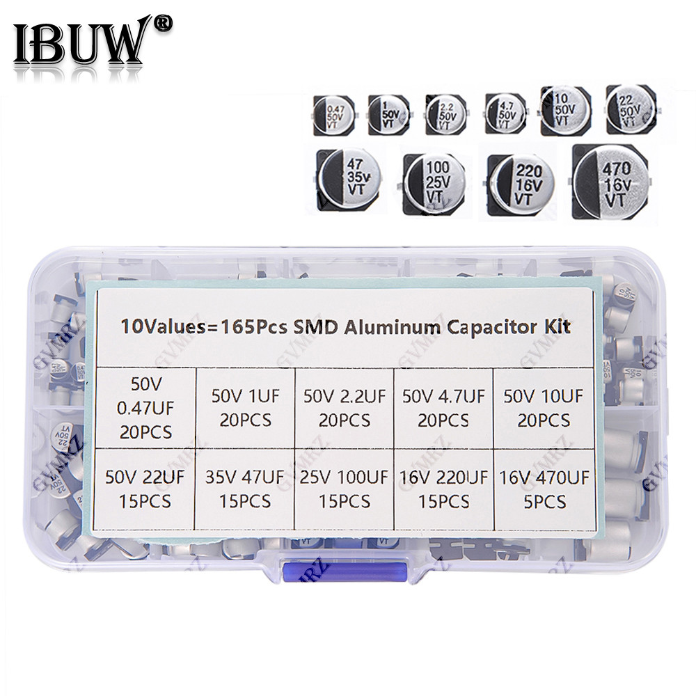 165 ชิ้น 10 ค่า กล่องตัวอย่างตัวเก็บประจุอลูมิเนียมอิเล็กโทรลีติค SMD - ชุดสารพันสําหรับโครงการซ่อม DIY อิเล็กทรอนิกส์