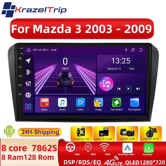 2 Din Autoradio Headunit 8 Core QLED Car Radio Stereo for Mazda 3 2003 - 2009 Carplay Android Auto