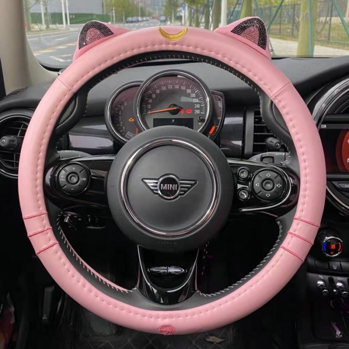 Cartoon Cute Leather Pink Black Green Steering Wheel Cover with Ears Cat D-Cut 38cm for Jeep Mazda