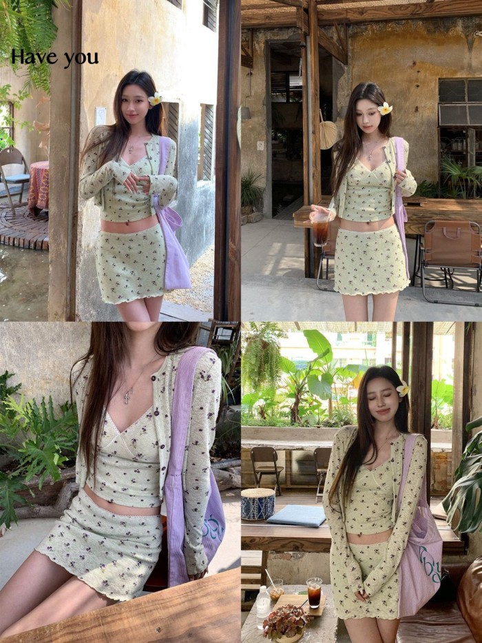 ชุดสูทแขนยาวลายดอกไม้สำหรับผู้หญิง ประกอบด้วยกระโปรงเอวสูงและเสื้อกั๊กภายใน พร้อมความสวยงามสำหรับฤดูใบไม้ผลิ