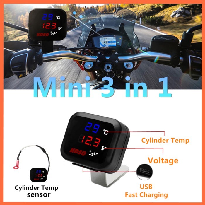 KOSO Cylinder Head Temperature Gauge motorcycle Universal Cylinder Temp Volt Phone USB Charging 3 i