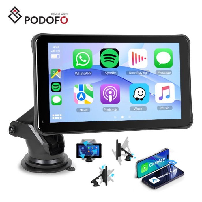 Podofo Portable Carplay/Android Auto 7 Inch HD Screen Car Monitor AirPlay Android Cast BT Music FM