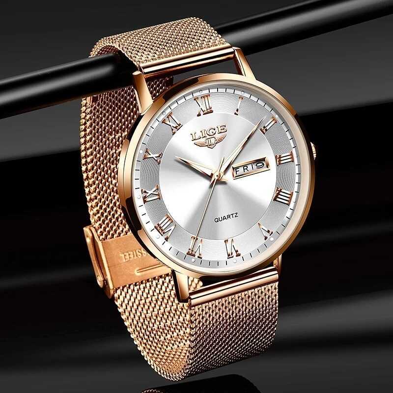 LIGE LIGE Ultra-Thin Ladies Quartz Watch Classic Womens Wrist Watch Dual Calendar นาฬิกากันน้ํา Mila
