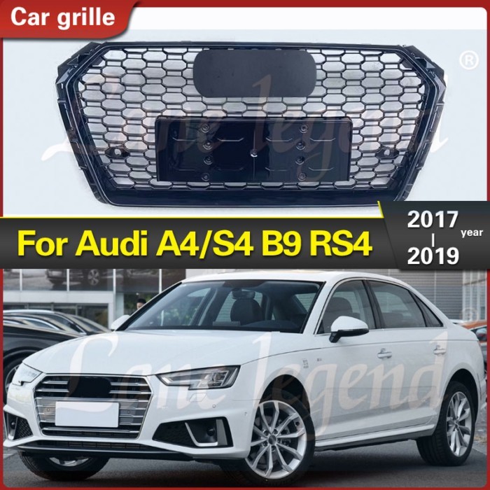 For RS4 Style Front Sport Hex Mesh Honeycomb Hood Grill Gloss Black for Audi A4/S4 B9 2017-2019 Rac