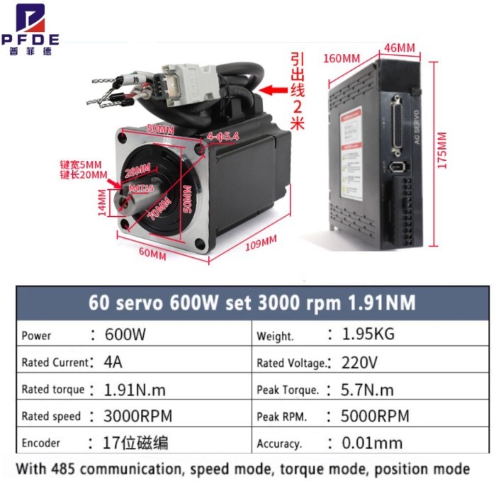 NEW Servo Motor 600W 1.91n.m  AC Servo Motor Drive Kit 3000rpm 60 Flange driver + 17-bit magnetic e