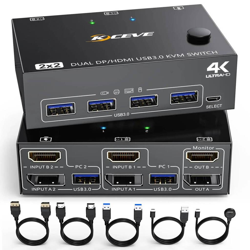 KCEVE DP HDMI USB 3.0 KVM Switch 2 คอมพิวเตอร์ 2 จอภาพ, Dual Monitors KVM Switch รองรับ 4K@60Hz สําห