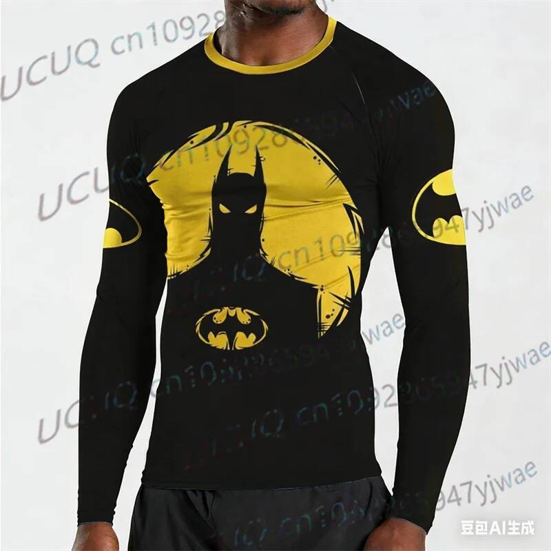 Batman สไตล์ใหม่สีเหลือง 3D พิมพ์แขนยาว Sportwear Superhero Gym ฟิตเนส O-คอกีฬา Quick-Dry เสื้อยืดผู