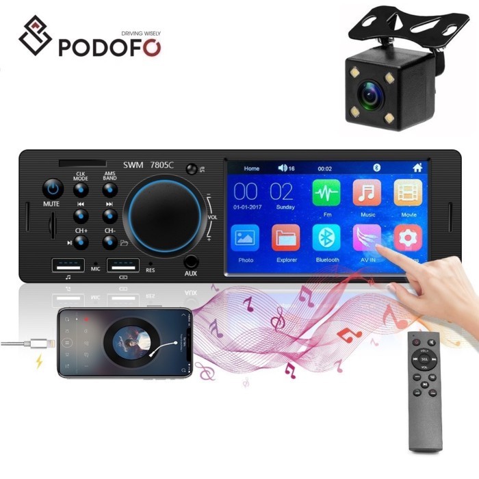 Podofo Car Radio 4.1" TFT Touch Screen 1 Din Car MP5 Player Auto Stereo 7805C MP3 BT AUX FM BT + 4