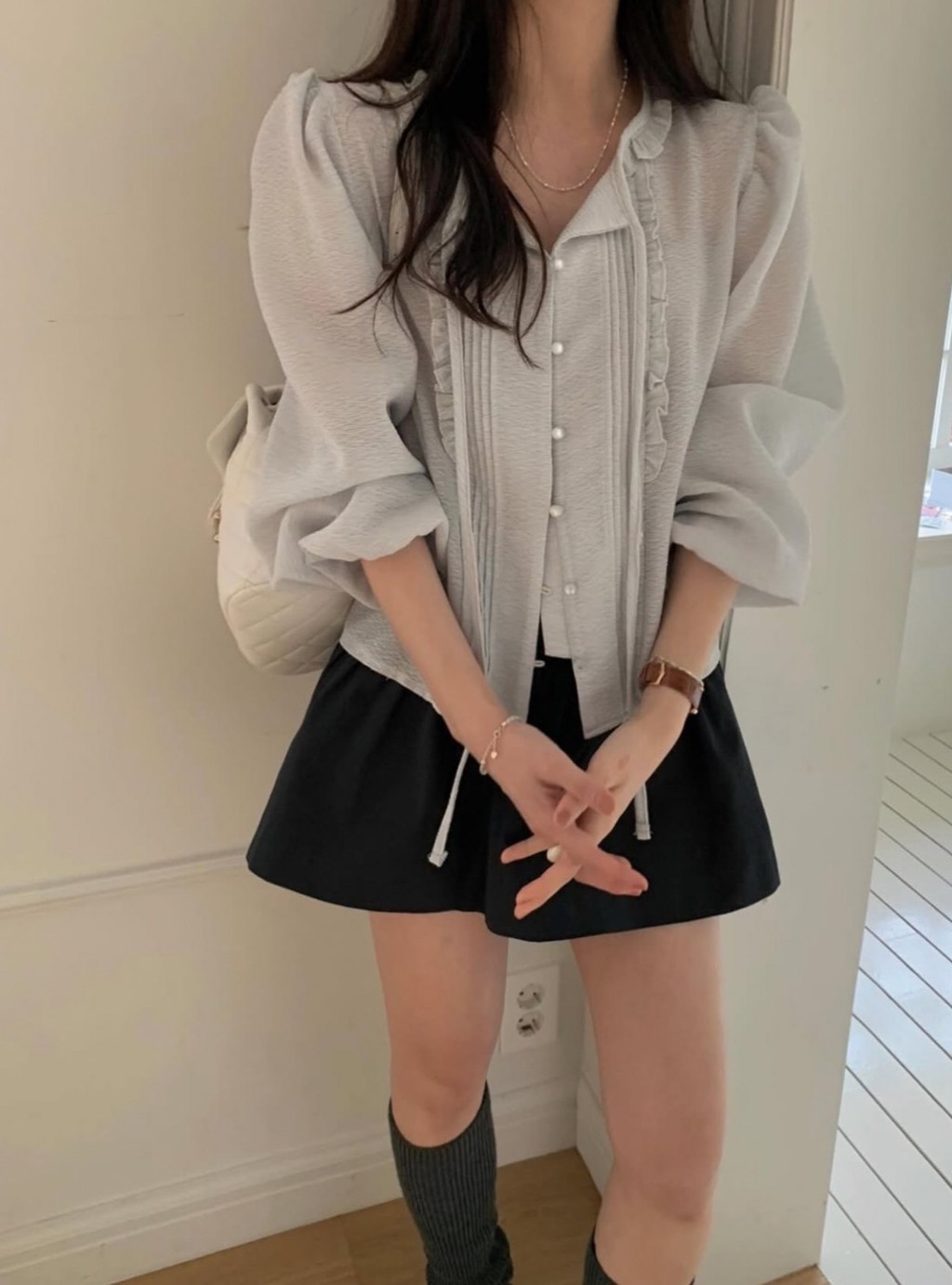 เสื้อเชิ้ตแขนยาวทรงหลวมขอบเชื้อราสไตล์บางเรียบง่ายแบบผูกเชือก 100263