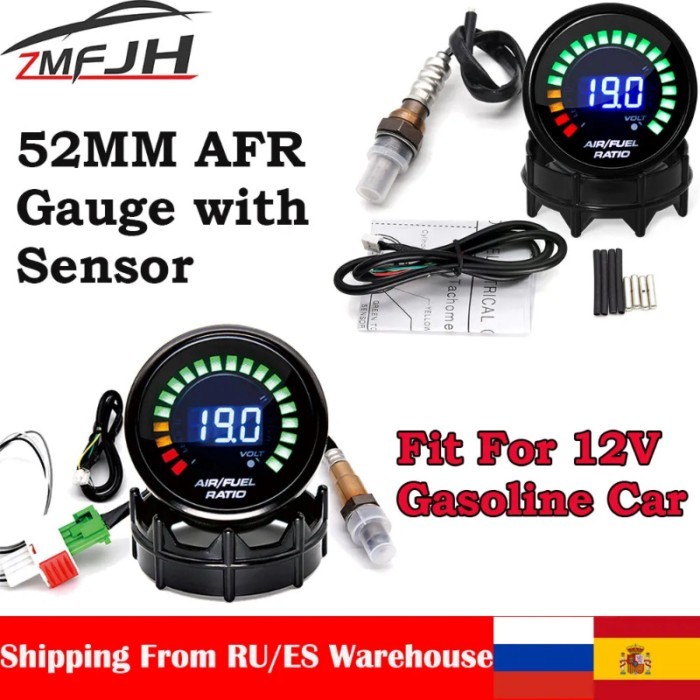 AD 52mm Air Fuel Ratio Gauge Voltmeter AFR Meter 2 In 1 Gauge with Narrowband O2 Oxygen Sensor Car