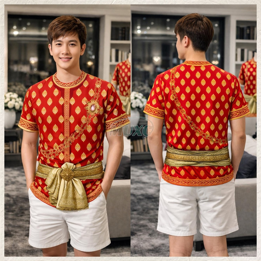 เสื้อยืดแขนสั้นคอกลม ลายผ้าไทย สไตล์สงกรานต์