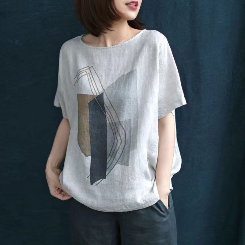 เสื้อยืดแขนสั้นคอกลมพิมพ์ลายผู้หญิงสําเร็จรูปฤดูร้อนบางหลวมขนาดบวกผ้าฝ้ายและผ้าลินินด้านบน