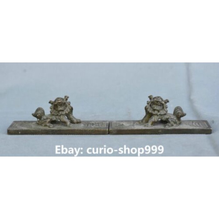 10cm Old Chinese Bronze Dynasty Lion Fu Foo Dog Beast Paperweight Statue Pair