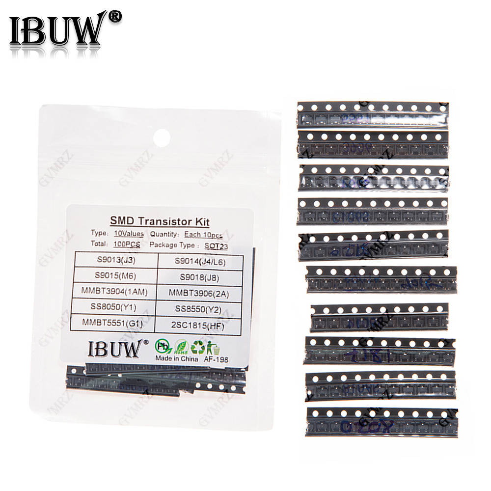 10kinds X10pcs = 100pcs SOT-23 ชุดทรานซิสเตอร์ SMD S9013 S9014 S9015 S9018 MMBT3904 MMBT3906 SS8050 