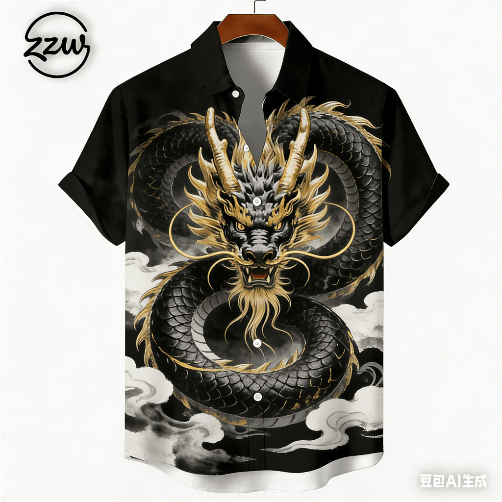 Ink Wash Dragon Print Shirt Men Streetwear Casual Button Down Top