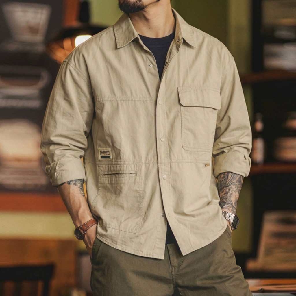 Wuluwear American Retro Workwear เสื้อผู้ชายฤดูใบไม้ผลิหลวมผ้าฝ้ายหลายกระเป๋าเสื้อลําลองแขนยาว Ami สีกากีแจ็คเก็ต