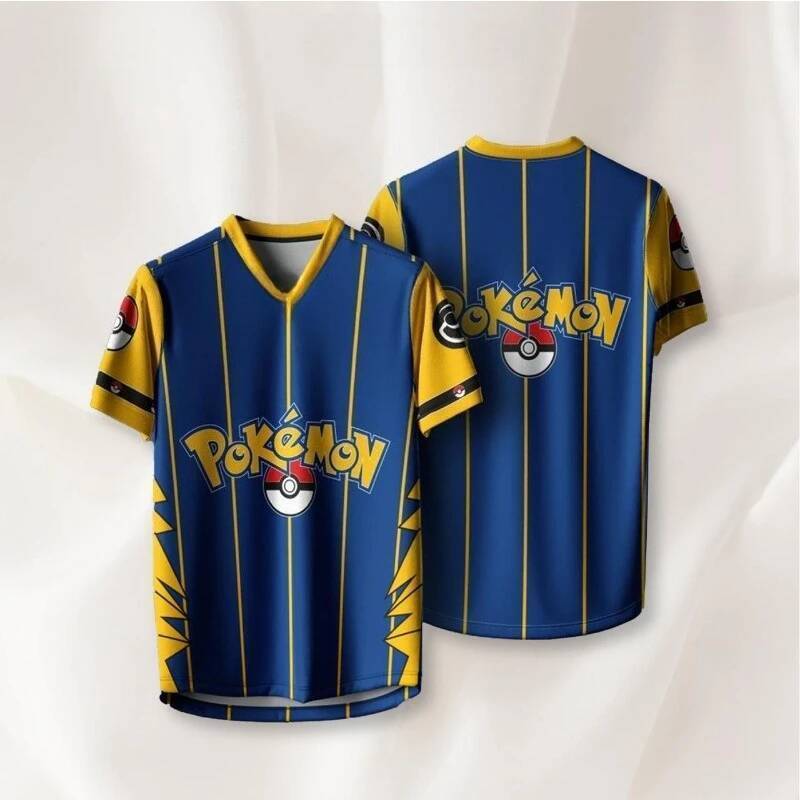 เสื้อยืดวินเทจPokémon ลาย 3D พิมพ์ V คอ สไตล์ Y2K สำหรับแฟนเกม
