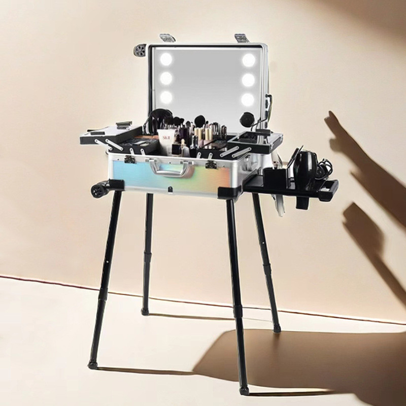 OBOX กล่องแต่งหน้า ช่างแต่งหน้ามืออาชีพ พร้อมขาตั้งกระจกมีไฟ รถเข็นกระเป๋าเดินทาง กล่องเครื่องมือช่